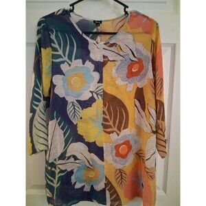 Shane Colorblock Floral Blouse  Size XS Split Pattern Blue Yellow Botanical